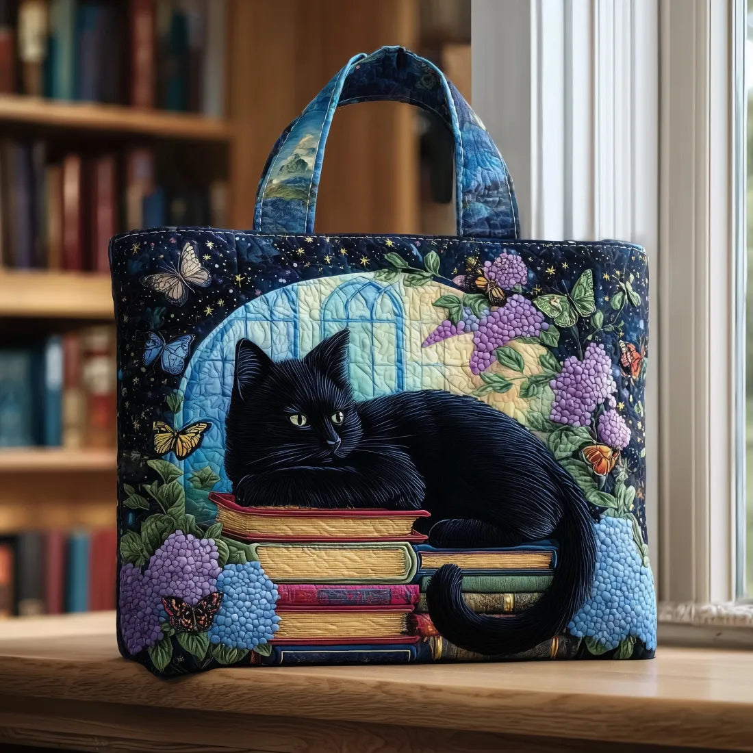 Black Cat on Books Quilted Tote Bag – quilted tote bag by Moira Dublin