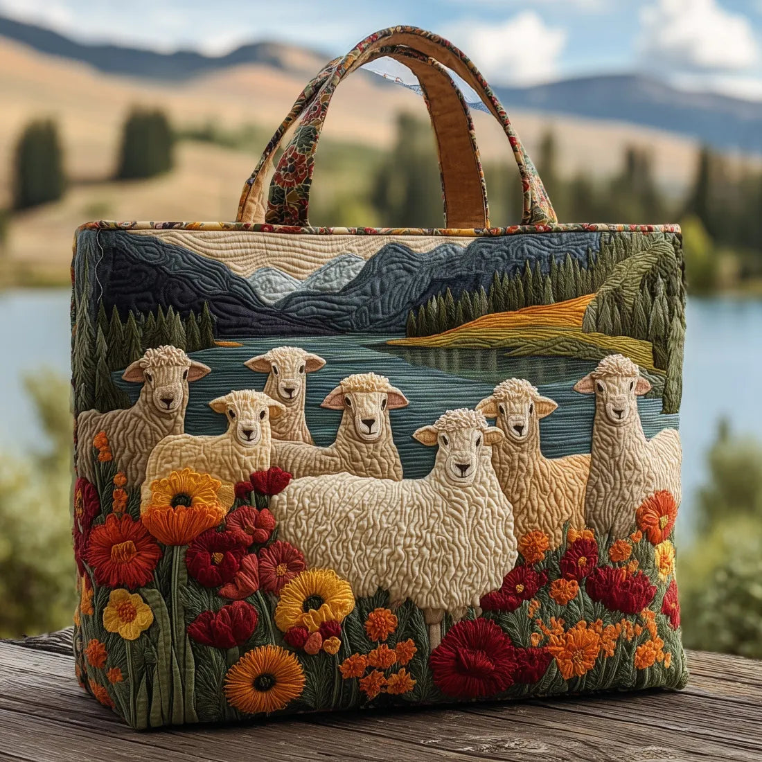 Sheep by the Lake Quilted Tote Bag – quilted tote bag by Moira Dublin