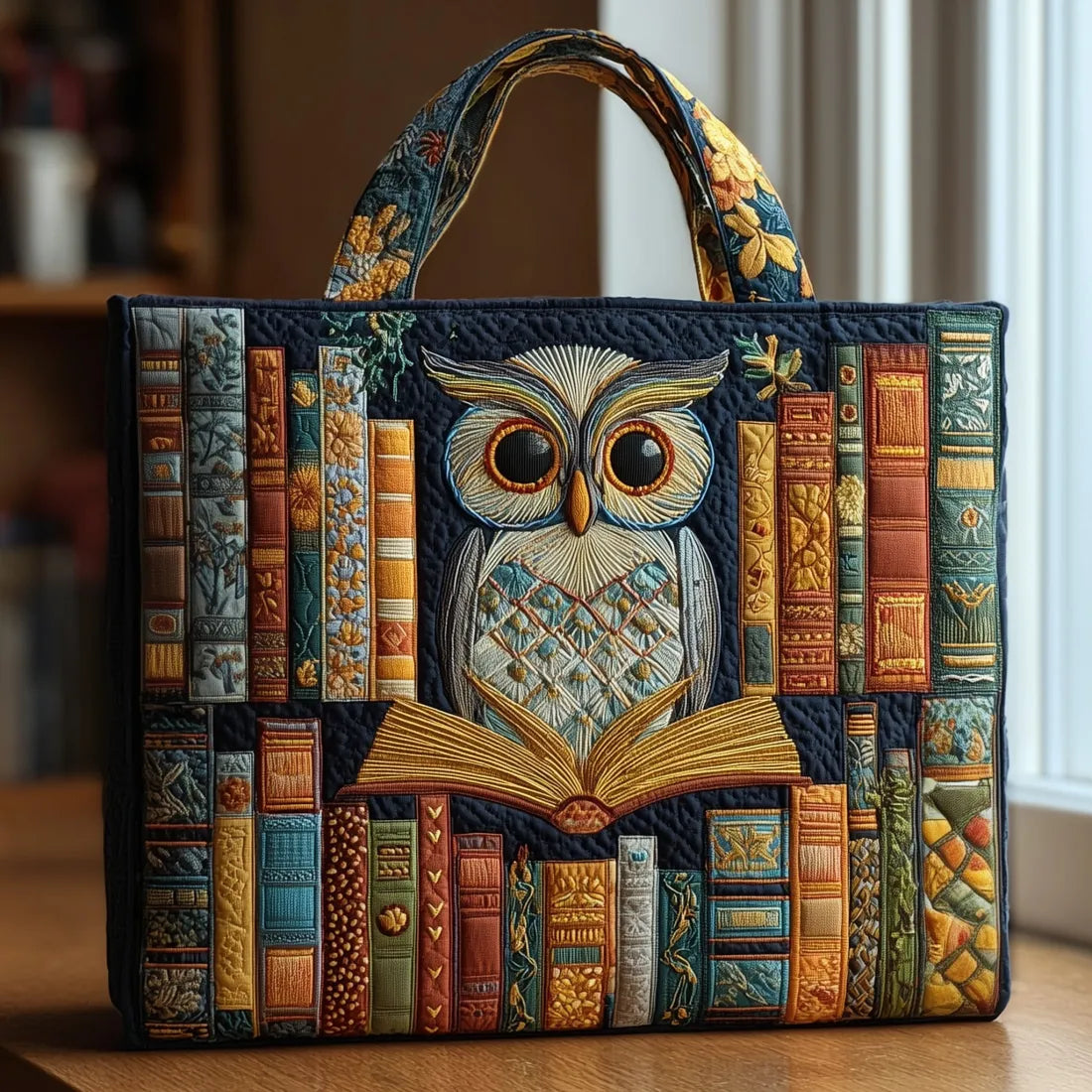 Owl and Ancient Books Quilted Tote Bag – quilted tote bag by Moira Dublin