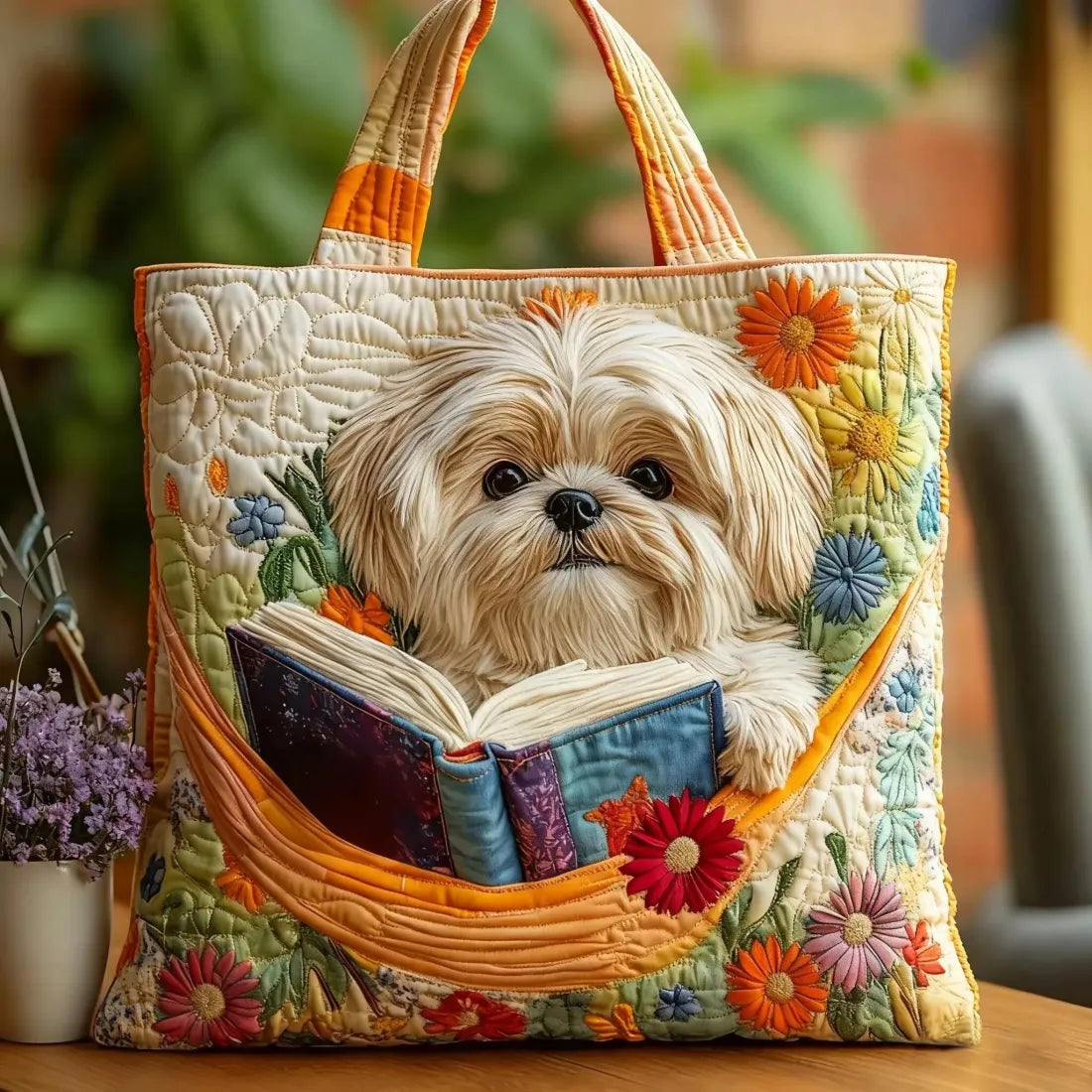 Shih Tzu with Books and Flowers Quilted Tote Bag – quilted tote bag by Moira Dublin