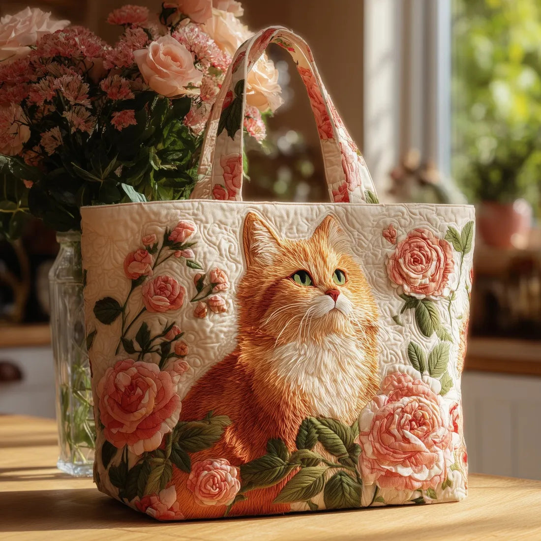Ginger Cat with Roses Quilted Tote Bag – quilted tote bag by Moira Dublin