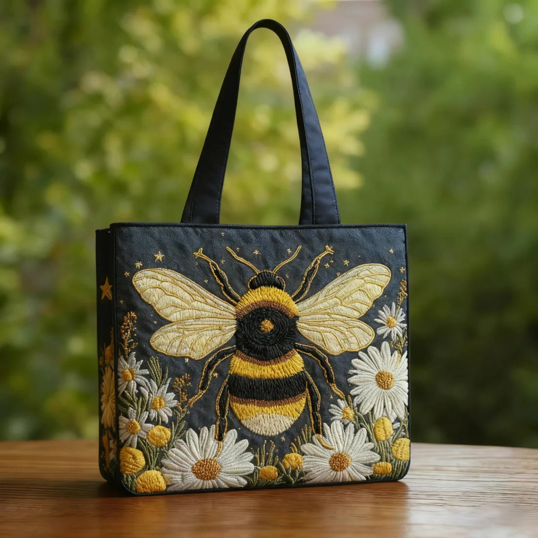 Bee with Daisies and Stars Quilted Tote Bag – quilted tote bag by Moira Dublin