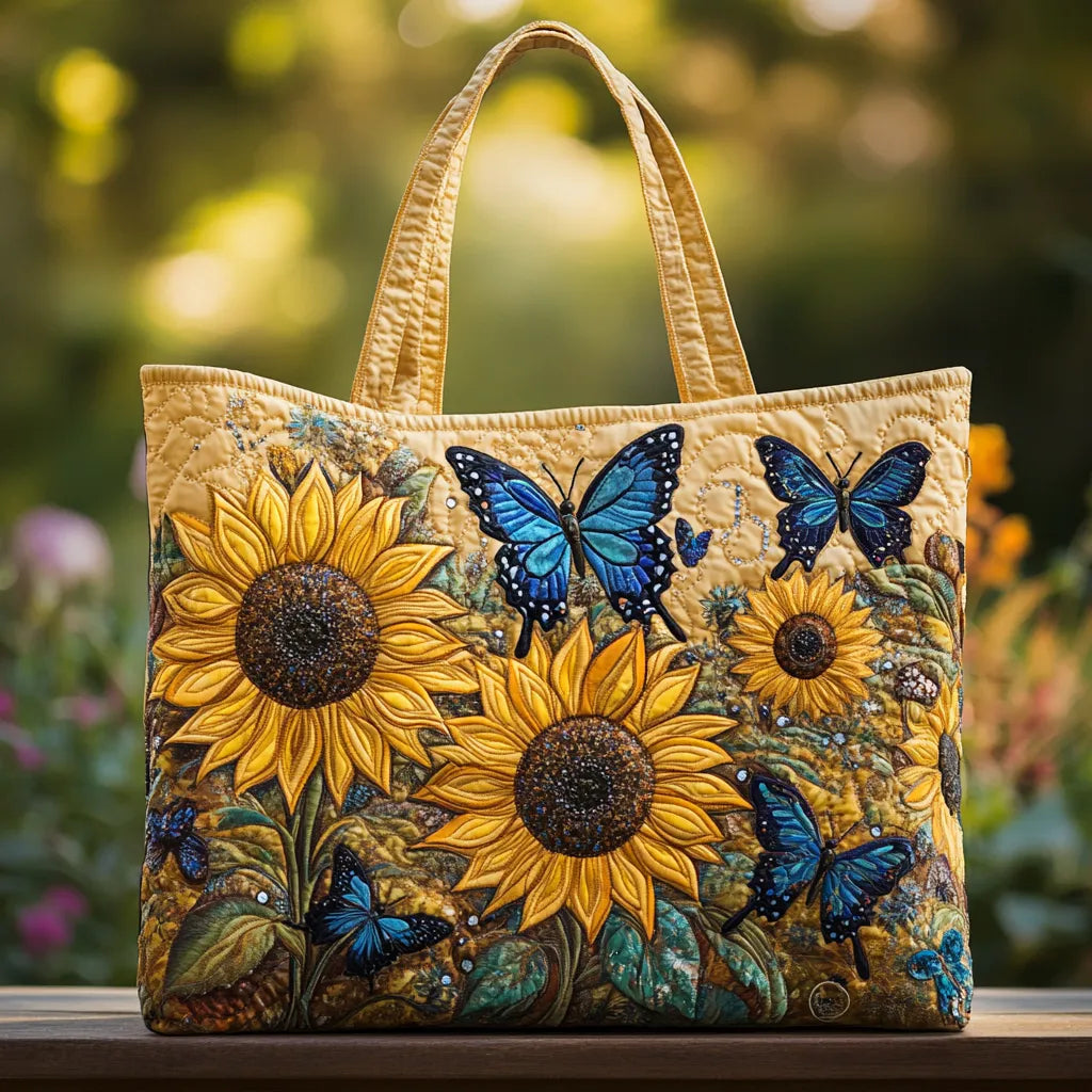 Sunflowers and Blue Butterflies Quilted Tote Bag – quilted tote bag by Moira Dublin