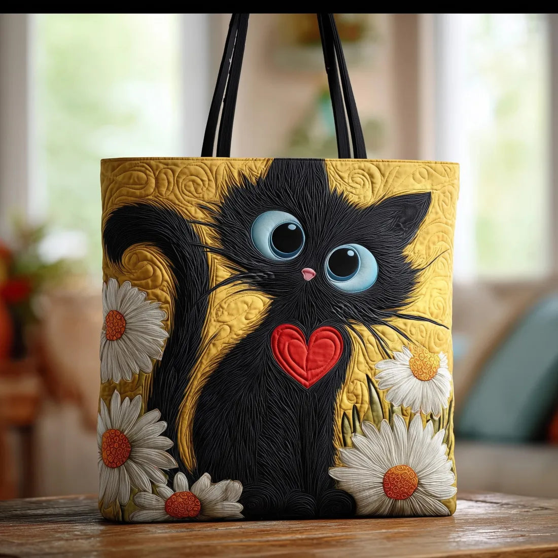 Black Cat with Daisies Quilted Tote Bag – quilted tote bag by Moira Dublin