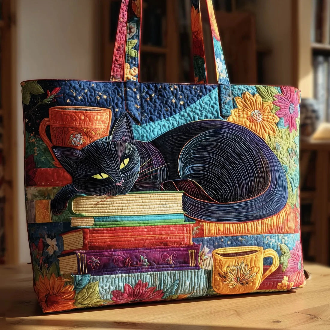 Black Cat with Books and Mugs Quilted Tote Bag – quilted tote bag by Moira Dublin