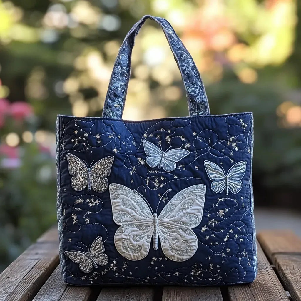 Silver Butterfly Quilted Tote Bag – quilted tote bag by Moira Dublin