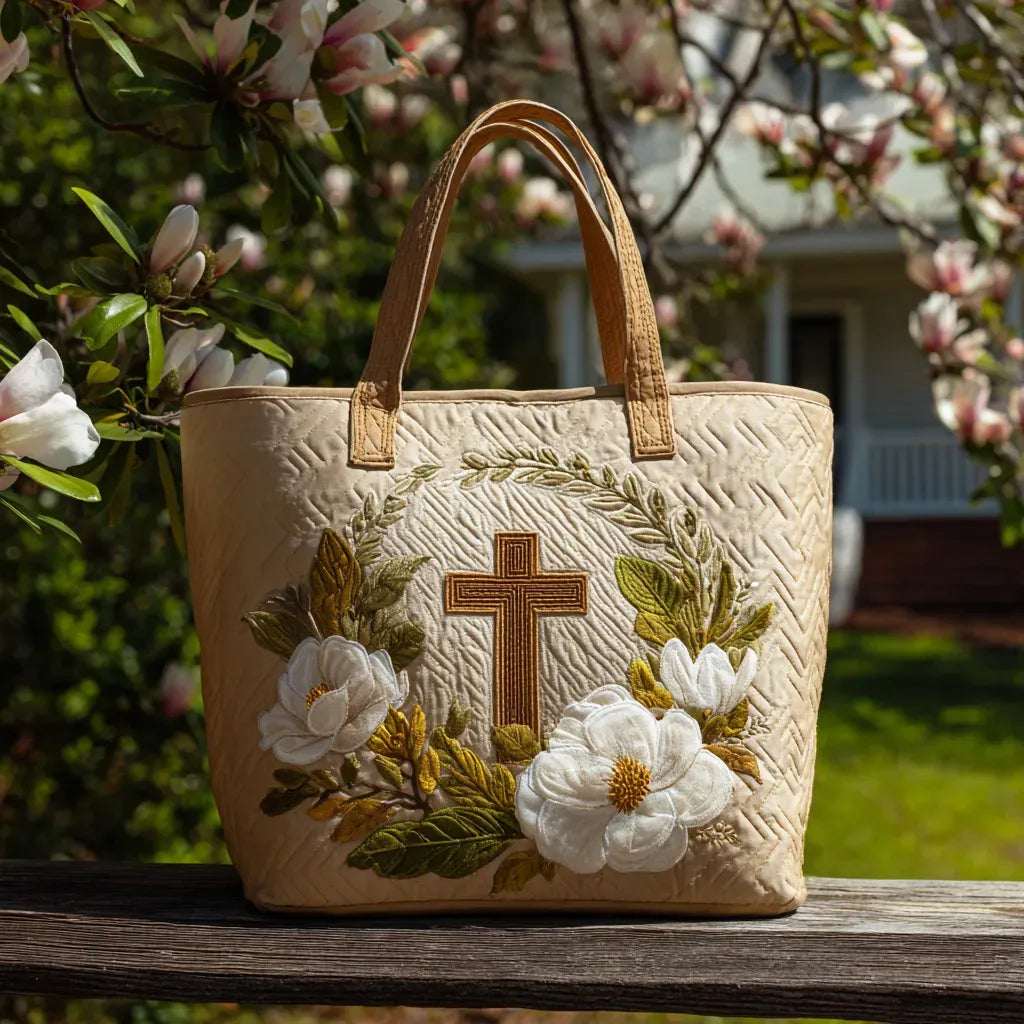 Sacred Cross Quilted Tote Bag – quilted tote bag by Moira Dublin