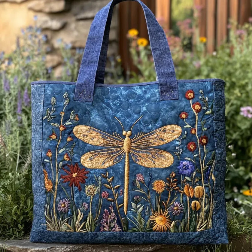 Golden Dragonfly Quilted Tote Bag – quilted tote bag by Moira Dublin
