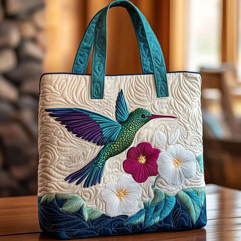 Hummingbird and White Flower Quilted Tote Bag – quilted tote bag by Moira Dublin