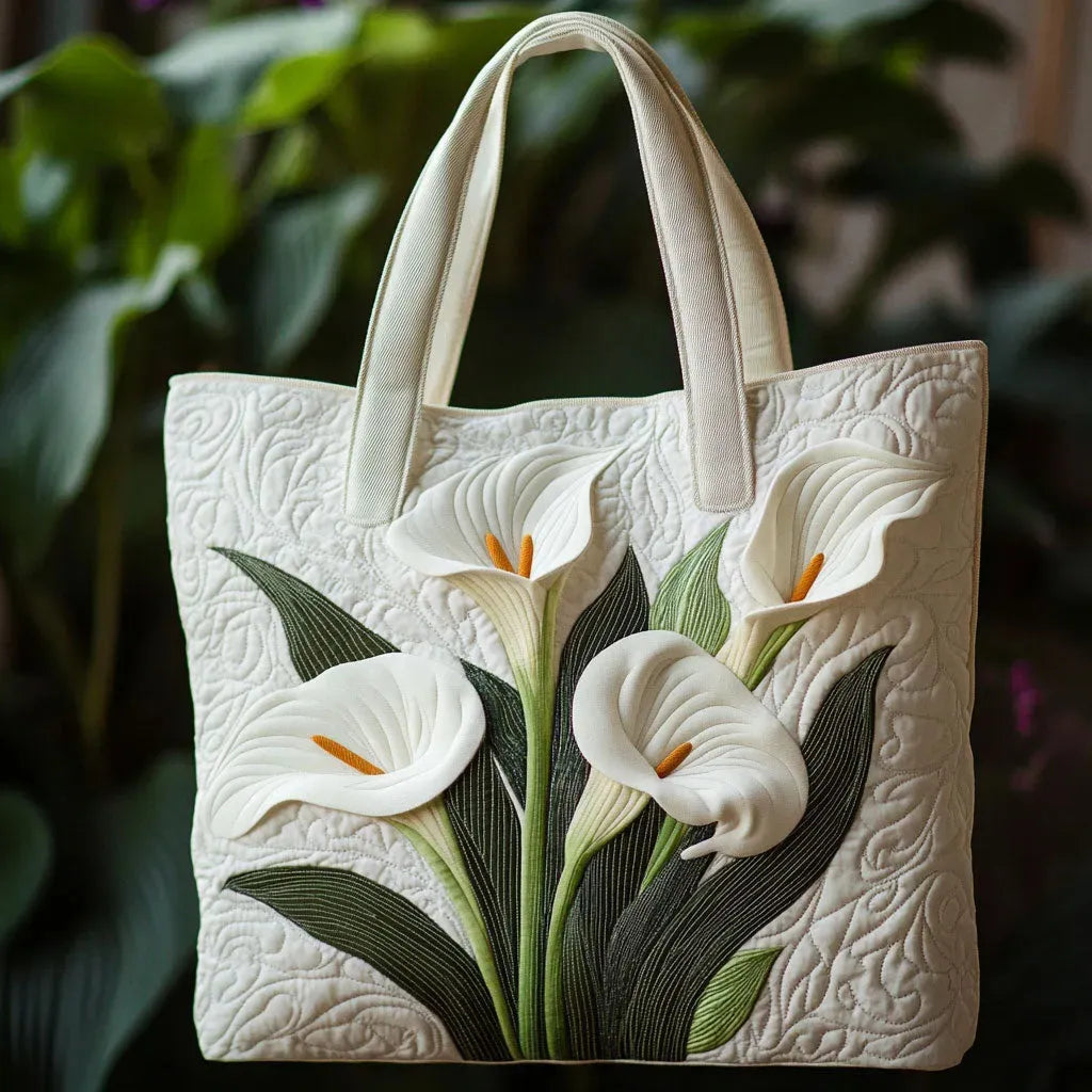White Calla Lilies Quilted Tote Bag – quilted tote bag by Moira Dublin