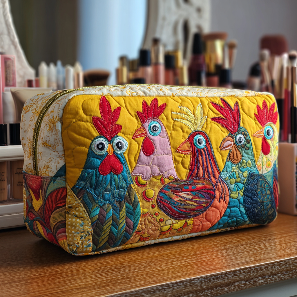 Chicken Meadow Quilted Makeup Bag – quilted makeup bag by Moira Dublin