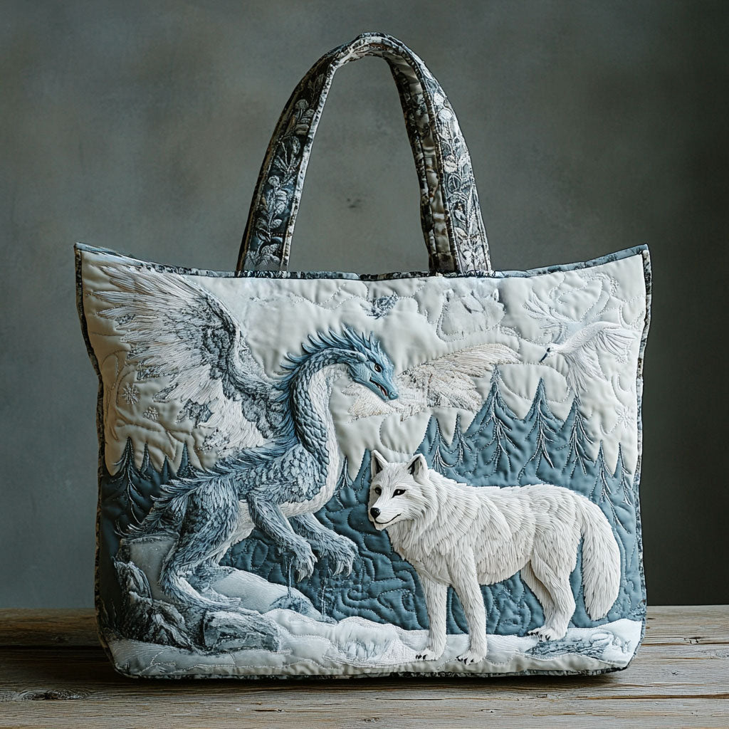 Frost Guardian Wolf Quilted Tote Bag – quilted tote bag by Moira Dublin