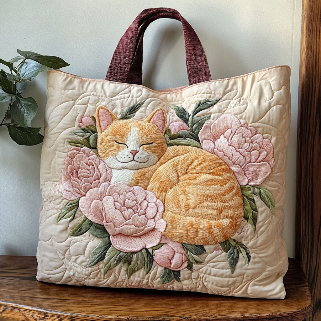 Peony Cat Quilted Tote Bag – quilted tote bag by Moira Dublin